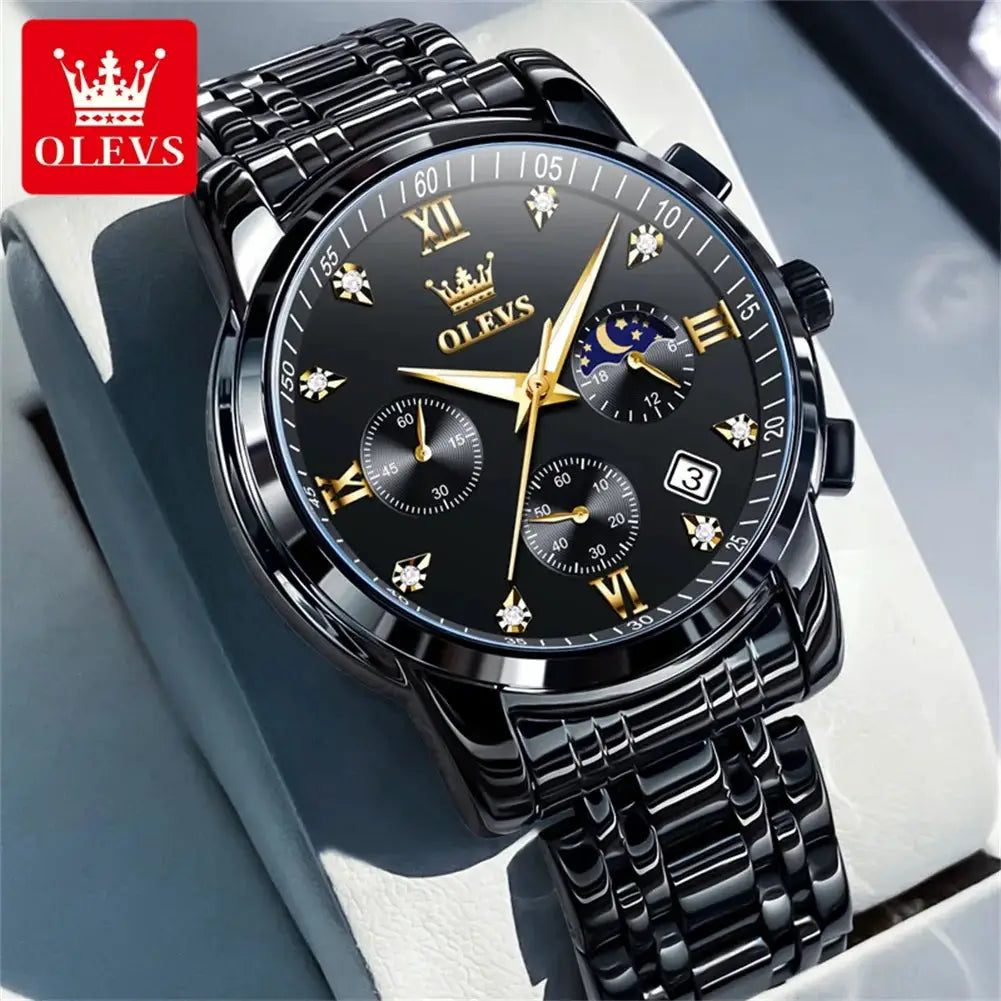 OLEVS Popular men's watches stainless steel black Moon Phase Chronograph quartz watch for man date Original brand wristwatch by All Mart Bristol Ltd