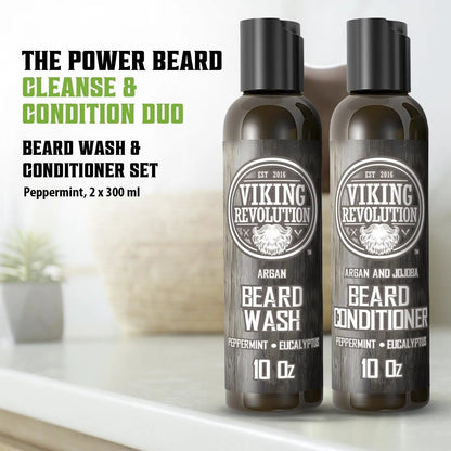 Beard Shampoo and Conditioner Set - Natural Wash & Conditioner with Argan & Jojoba Oils - Softens, Strengthens & Refreshes - Peppermint & Eucalyptus - Perfect Gift for Men - 600ml Total by All Mart Bristol Ltd