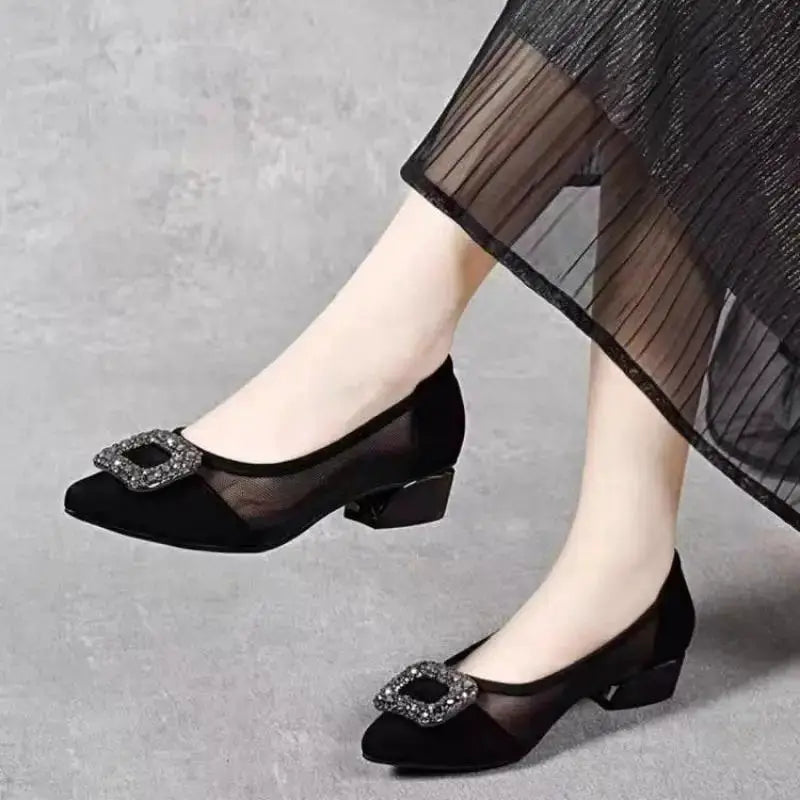 Elegant Pointed Toe Mesh Block Heel Pumps, Rhinestone Square Buckle Decorated Shallow Shoes, Breathable Office Shoes for Women by All Mart Bristol Ltd
