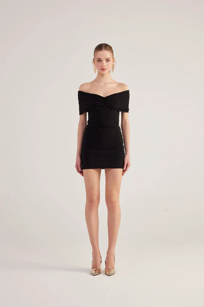 Muse Black Bardot Neck Mini Dress by Holly Lolly