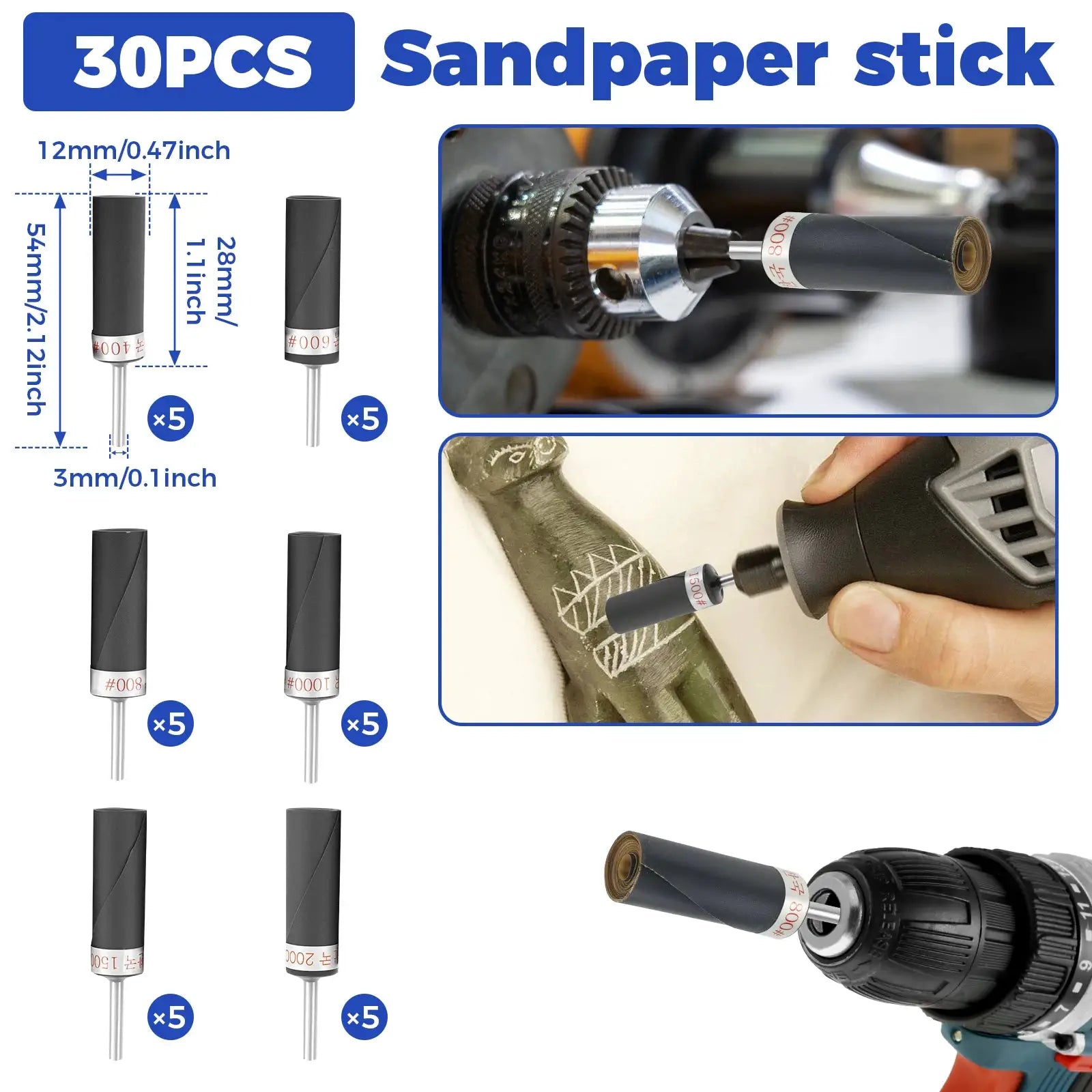 Equipped with 1/8 inch handle sandpaper stick, durable, safe material, 30 PCS sandpaper bar polishing roller sanding head by All Mart Bristol Ltd