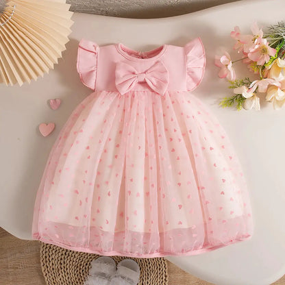 Baby Girl Dresses Summer New Flying Sleeve Love Embroidered Mesh Girl Dress Sweet Bow Round Neck Baby Clothing by All Mart Bristol Ltd
