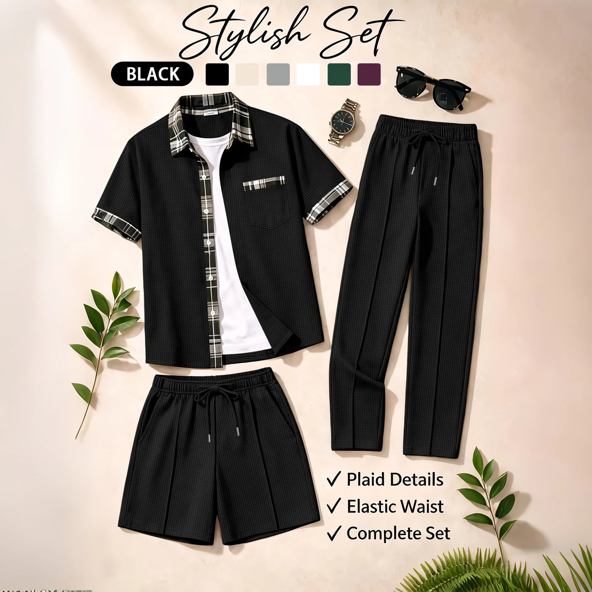 Men's 3 Piece Waffle Knit Tracksuit | Plaid Trim Button Up Shirt & Elastic Waist Shorts & Pants Set | Casual Stylish Outfit for by All Mart Bristol Ltd