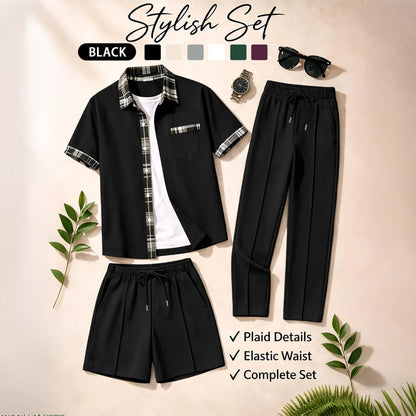 Men's 3 Piece Waffle Knit Tracksuit | Plaid Trim Button Up Shirt & Elastic Waist Shorts & Pants Set | Casual Stylish Outfit for by All Mart Bristol Ltd