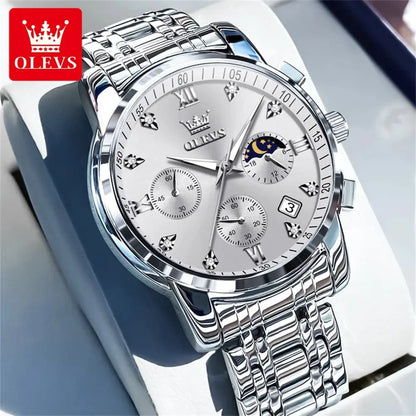 OLEVS Popular men's watches stainless steel black Moon Phase Chronograph quartz watch for man date Original brand wristwatch by All Mart Bristol Ltd