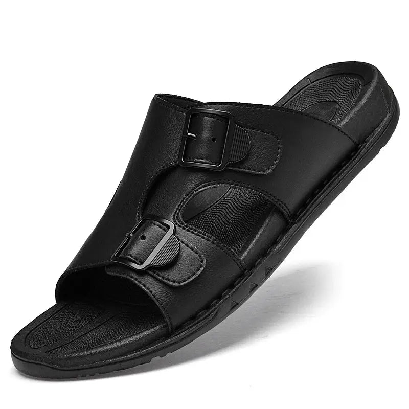 Summer Mens Leather Slippers Men Adjustable Slides Casual Sandals Brown Black Comfortable by All Mart Bristol Ltd