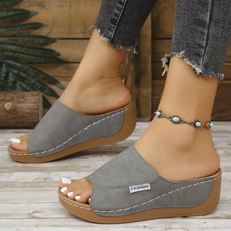 Summer Wedge Slides Slippers Fashion Fish Mouth Thick Bottom Roman Shoes Solid Color Beach Sandals For Women by Dropshipman