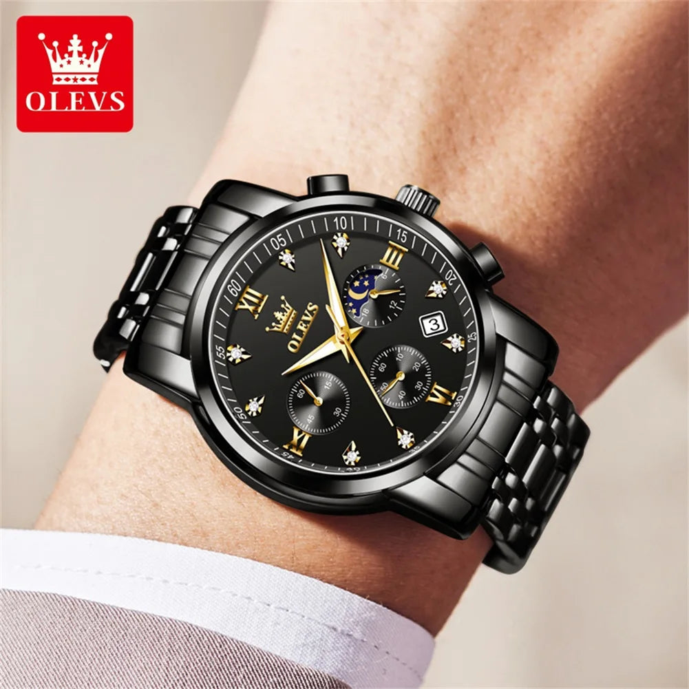 OLEVS Popular men's watches stainless steel black Moon Phase Chronograph quartz watch for man date Original brand wristwatch by All Mart Bristol Ltd