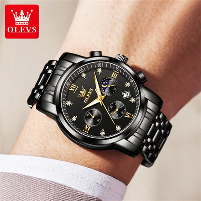 OLEVS Popular men's watches stainless steel black Moon Phase Chronograph quartz watch for man date Original brand wristwatch by All Mart Bristol Ltd