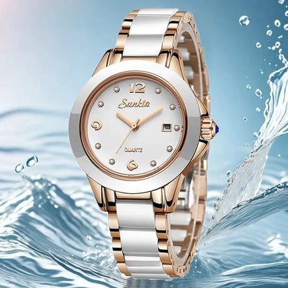 Sunkta Fashion Casual Quartz Woman Watch Elegant Luxury Ceramics Diamond Calendar Waterproof Ladies Women's Watches Montre Femme by All Mart Bristol Ltd
