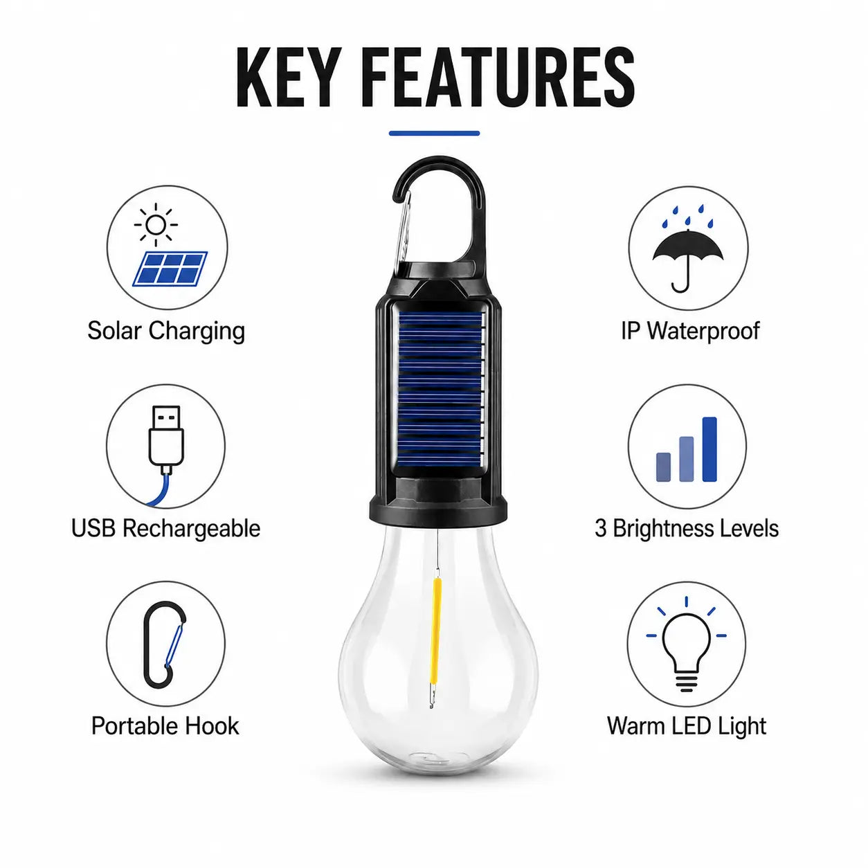 Solar LED Hanging Light, Portable Camping Lantern with Hook, USB Rechargeable & Solar Powered, Waterproof Outdoor Bulb with Warm LED Light, Adjustable Brightness for Hiking, Emergency, Tent, and Home Use