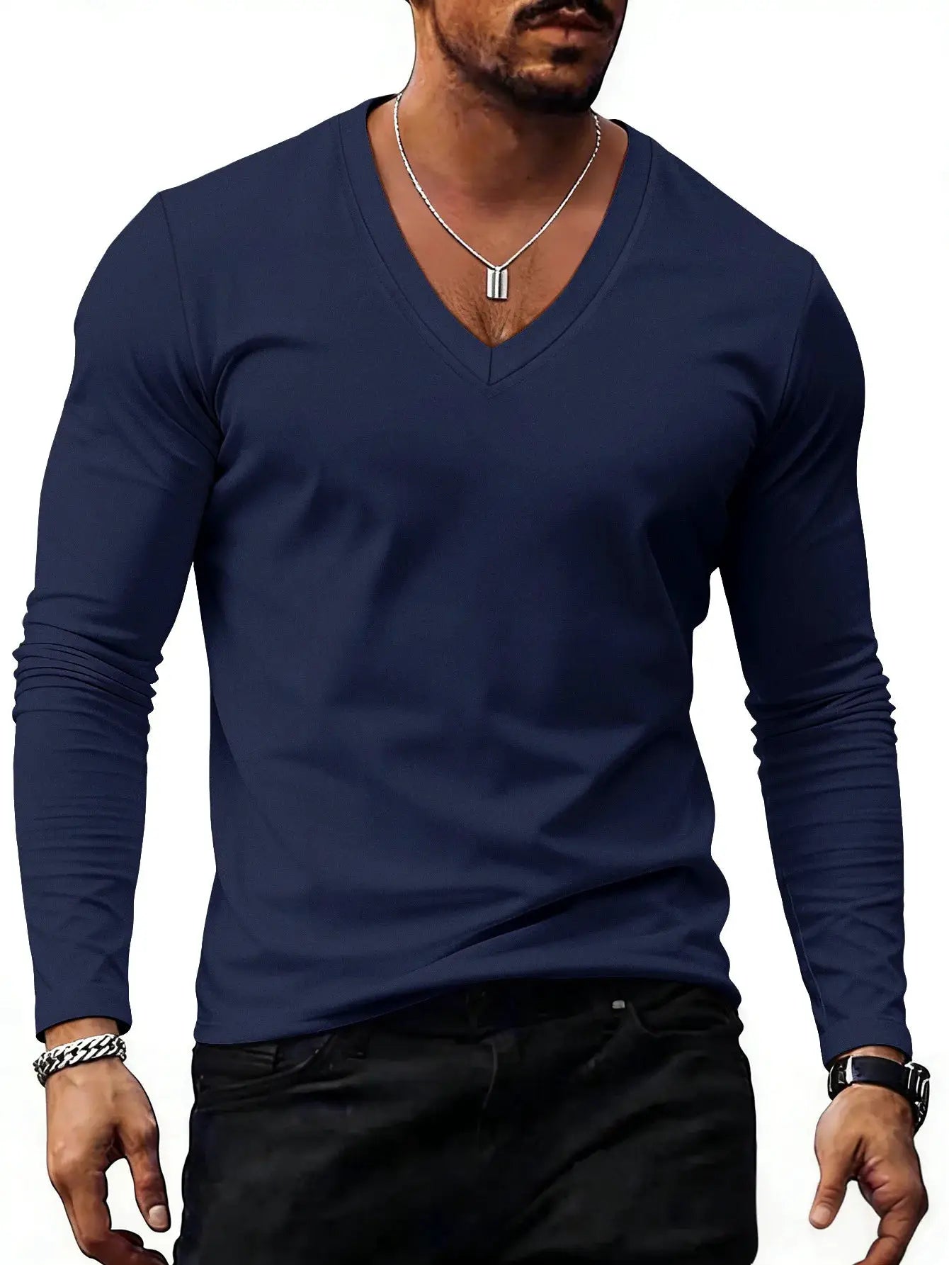 Men V Neck Solid Color Long Sleeve T Shirt Casual Slim Fit Basic Tops for Spring Autumn Daily Wear by All Mart Bristol Ltd