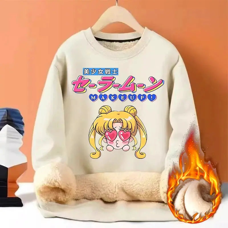 Sailor Moon Woman Thick Sweatshirt Lamb Wool Round Neck Hoodid Girl Cute Long Sleeves Fashion Sportswear Winter Warm Cartoon Top by All Mart Bristol Ltd