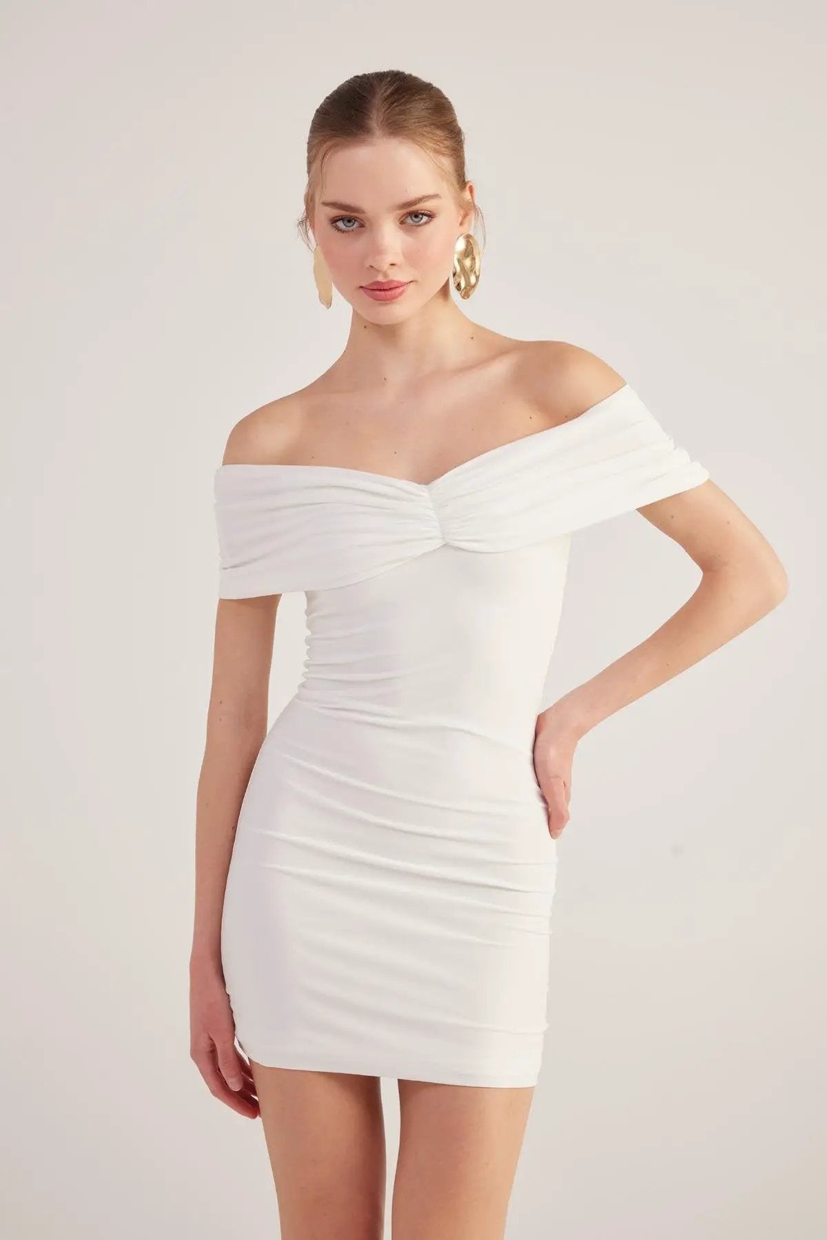 Muse White Bardot Neck Mini Dress by Holly Lolly