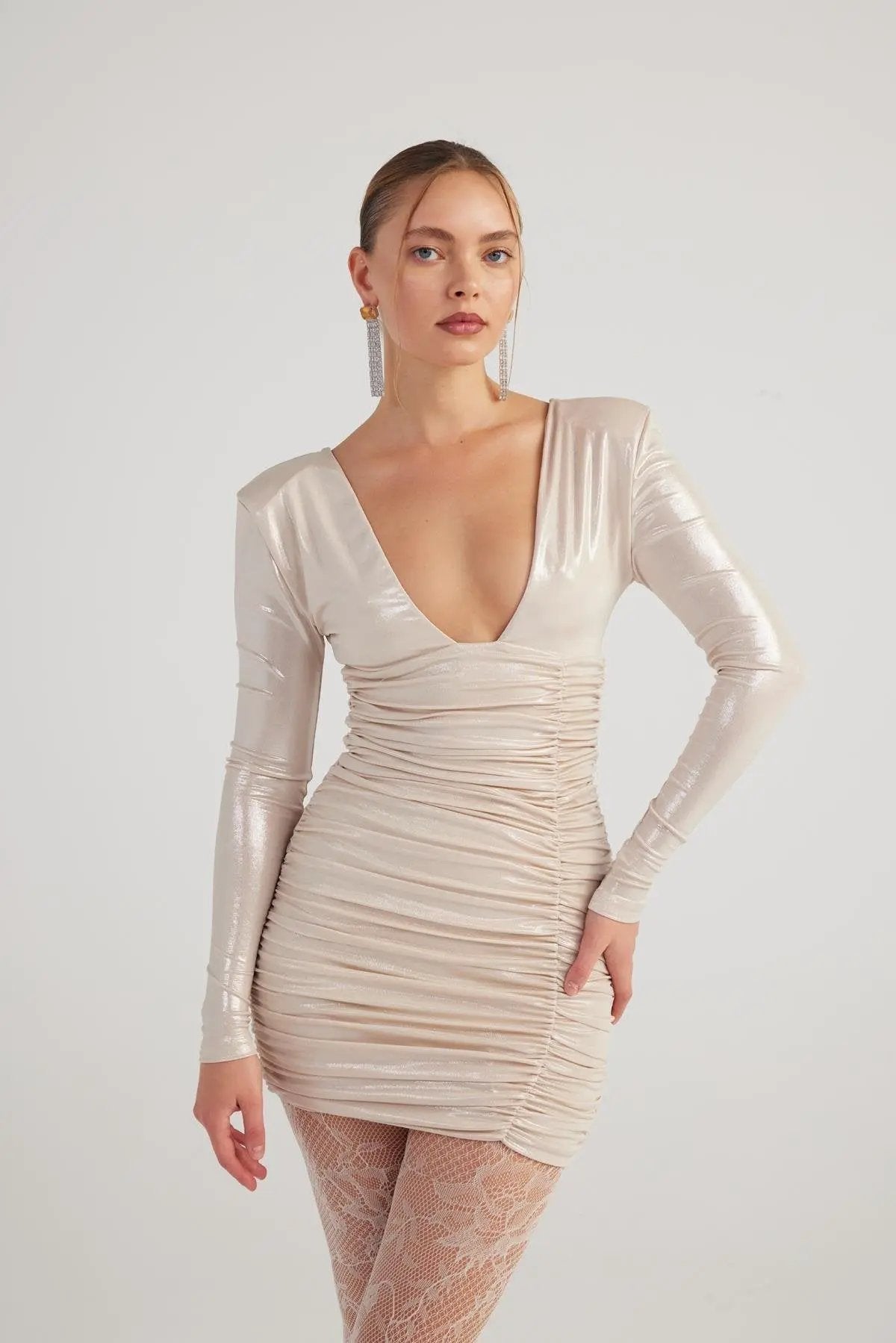 Karly Beige Shiny Mini Dress by Holly Lolly