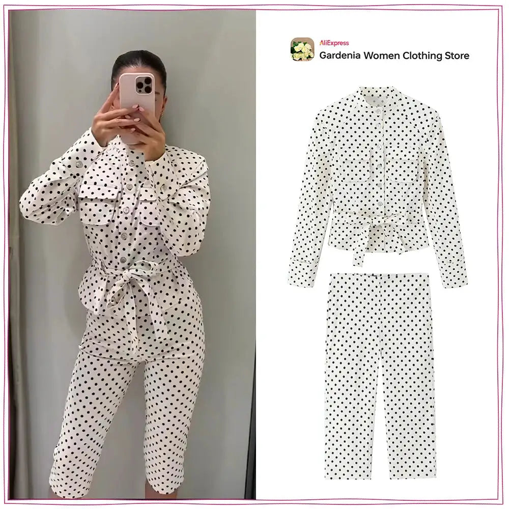 Elegant Chic Fitted Polka Dot 2 Piece Sets for Women Spring New Matching Sets Polka Dot Shirt Jacket with Tie Belt + Capri Pants by All Mart Bristol Ltd