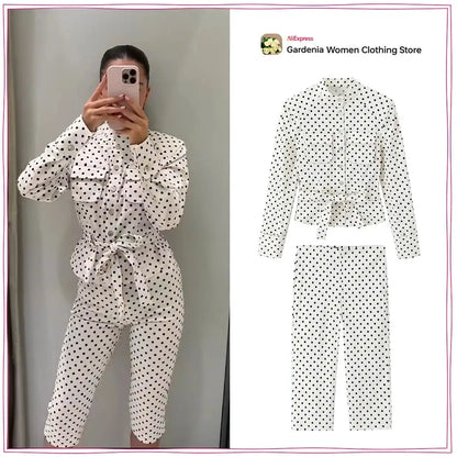 Elegant Chic Fitted Polka Dot 2 Piece Sets for Women Spring New Matching Sets Polka Dot Shirt Jacket with Tie Belt + Capri Pants by All Mart Bristol Ltd