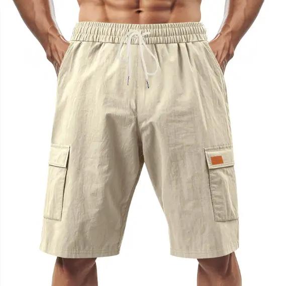 Loose Sports And Leisure Solid Color Linen Drawstring Shorts by Dropshipman