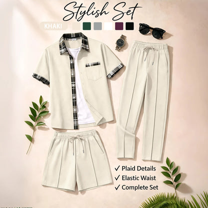 Men's 3 Piece Waffle Knit Tracksuit | Plaid Trim Button Up Shirt & Elastic Waist Shorts & Pants Set | Casual Stylish Outfit for by All Mart Bristol Ltd