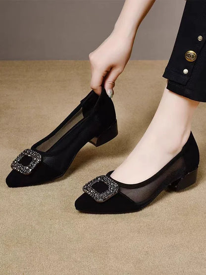 Elegant Pointed Toe Mesh Block Heel Pumps, Rhinestone Square Buckle Decorated Shallow Shoes, Breathable Office Shoes for Women by All Mart Bristol Ltd