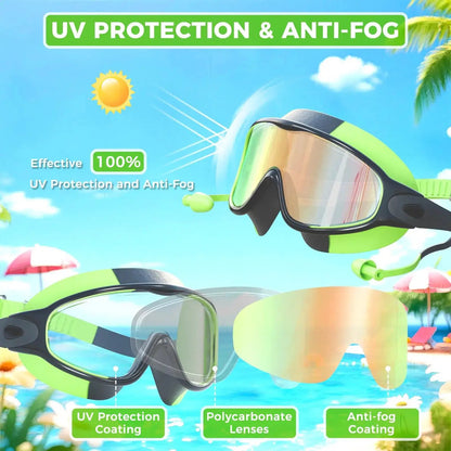 MERSUN 3 Pack Swimming Goggles, Kid Goggles with Earplugs Large Frame Anti-Fog/Uv Wide View Swim Goggles Boys Girls 4-12 by All Mart Bristol Ltd
