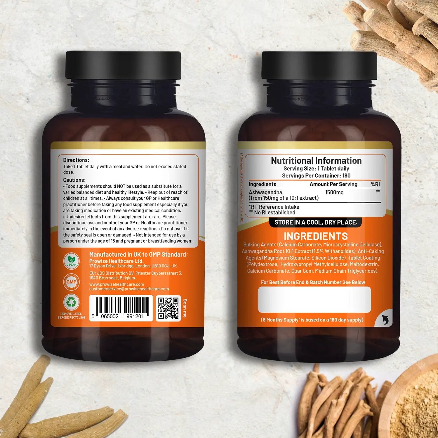Ashwagandha 1500mg 180 Vegan Tablets | 6 Months’ Supply by Prowise Healthcare