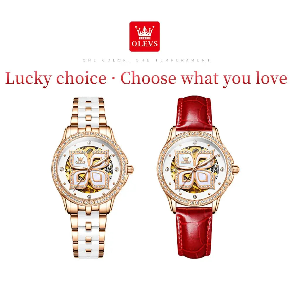 OLEVS Elegant Fashion Women's Watches Lucky Four-Leaf Clover Dial Original Brand Automatic Mechanical Wristwatch Ceramics Strap by All Mart Bristol Ltd