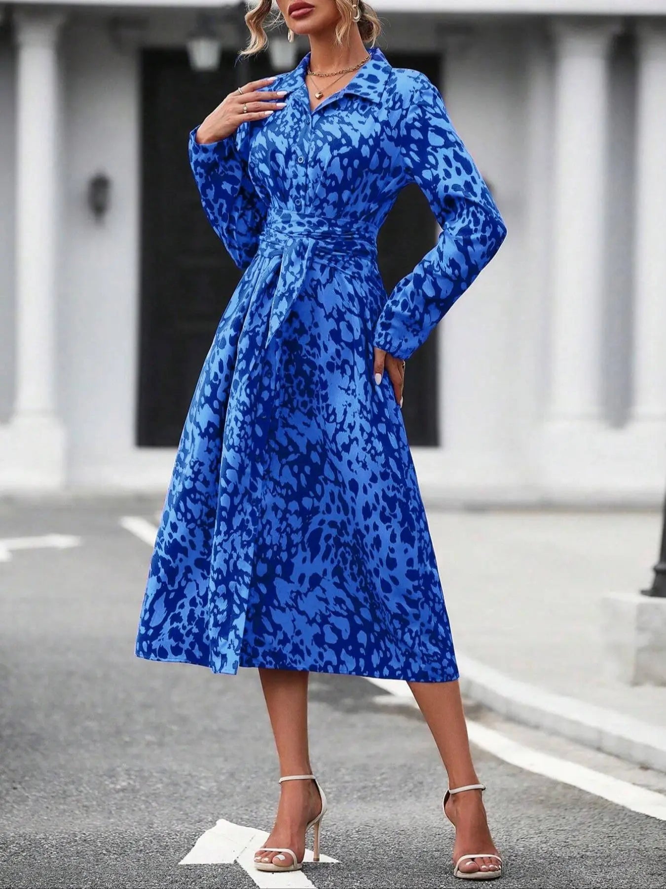 Women'S Spring Autumn Elegant Boho Casual Wear Geometric Tie Dye Print Button Front Belt Midi Dress, Long Sleeve Fitted Design, Multiple Color Options, Womenswear by All Mart Bristol Ltd