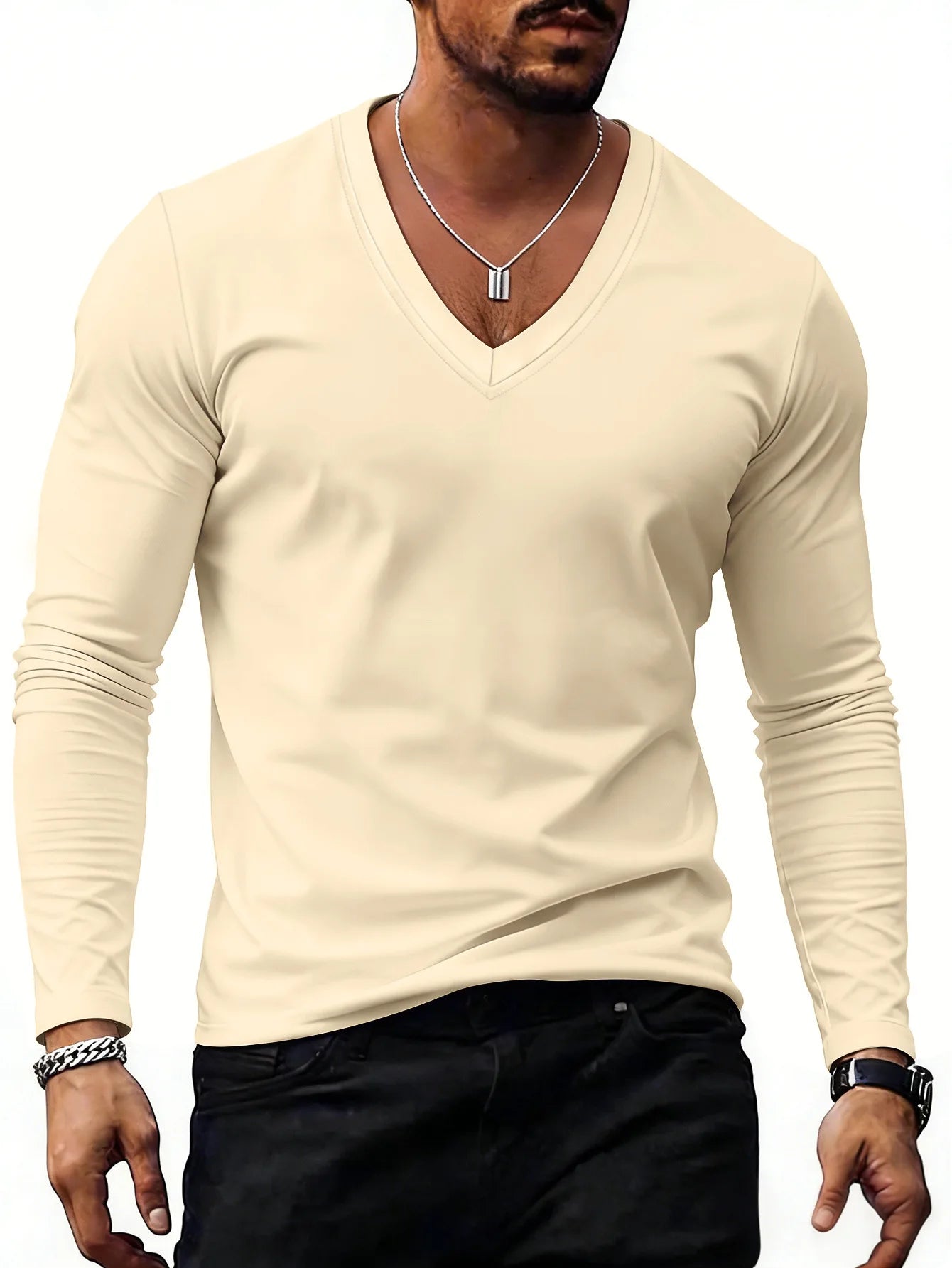 Men V Neck Solid Color Long Sleeve T Shirt Casual Slim Fit Basic Tops for Spring Autumn Daily Wear by All Mart Bristol Ltd