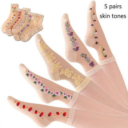5 Pairs Floral Embroidery Sheer Socks, Ultra-Thin Crystal Silk, Breathable Non-Slip Ankle Socks for Women
