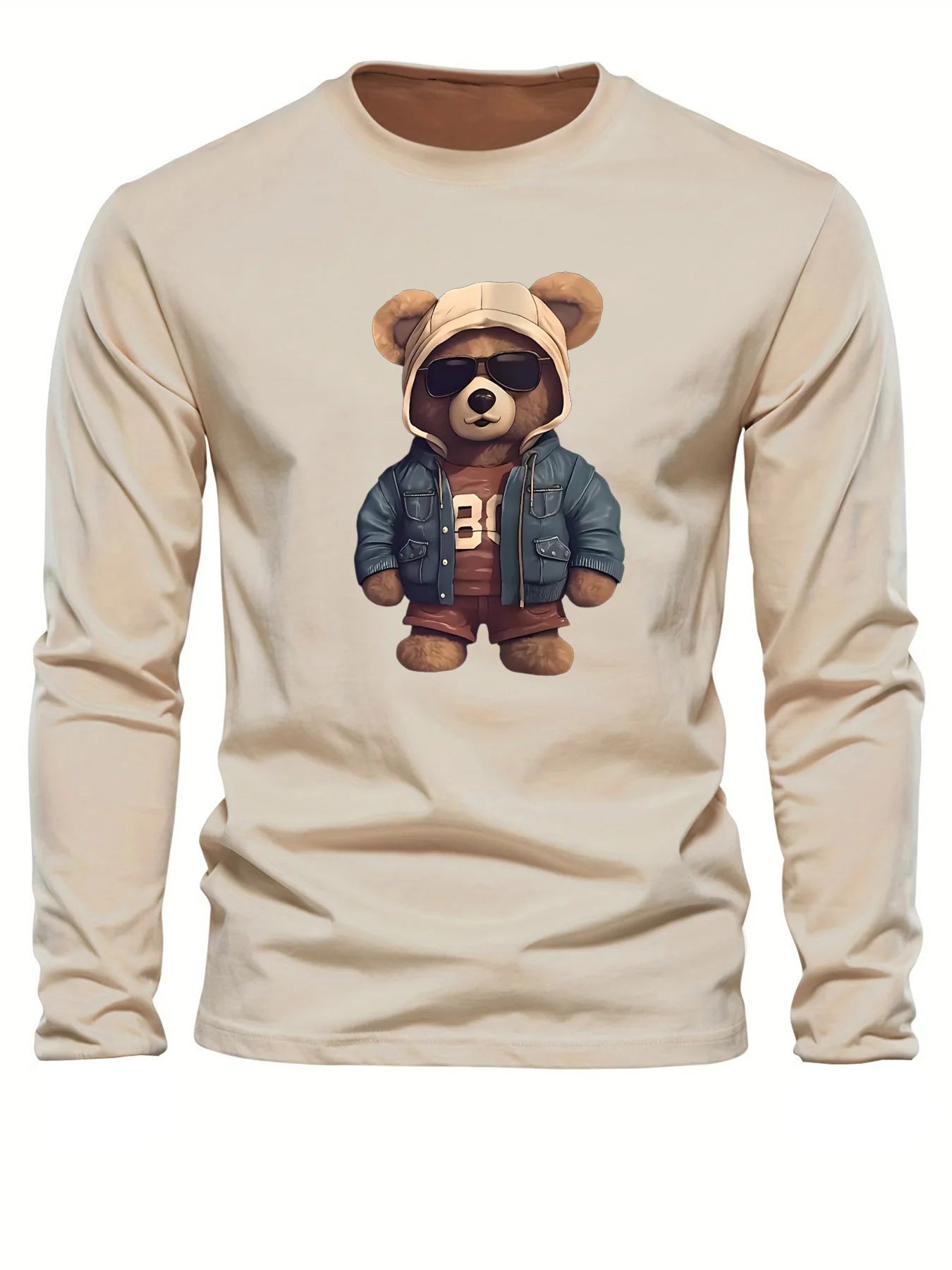 100 cotton men's casual long sleeved round neck loose bear pattern printed autumn and winter T-shirt top versatile by All Mart Bristol Ltd