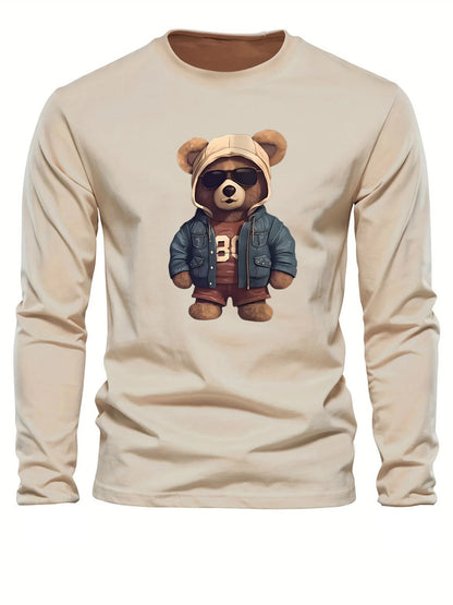 100 cotton men's casual long sleeved round neck loose bear pattern printed autumn and winter T-shirt top versatile by All Mart Bristol Ltd