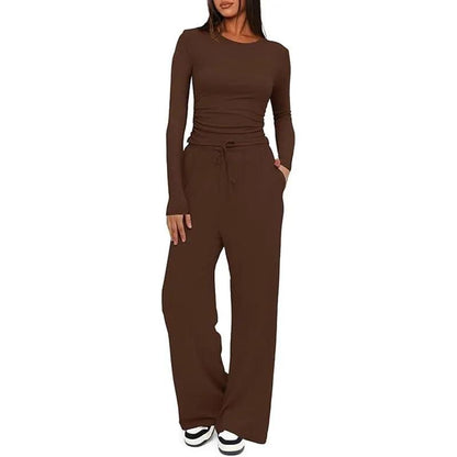 2 Pieces Women's Suit Autumn Winte Long Sleeve Tops High Waisted Wide Leg Pants Sportswear Female Clothes Solid Color Casual Suit by Dropshipman