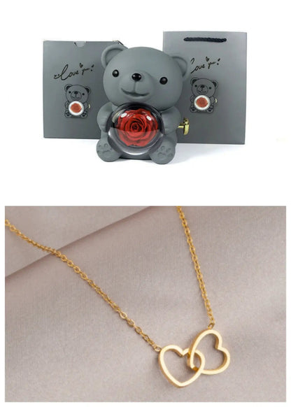Rotating Bear Gift Box Eternal Rose Teddy Bear Jewelry Box With Necklace Valentine Wedding Special Present For Girlfriend Anniversary Gift Jewelry Box by Dropshipman