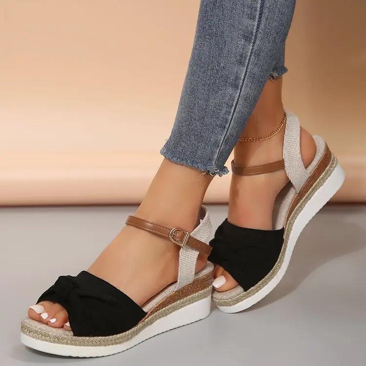 New Thick-soled Bow Sandals Summer Fashion Casual Linen Buckle Wedges Shoes For Women by Dropshipman