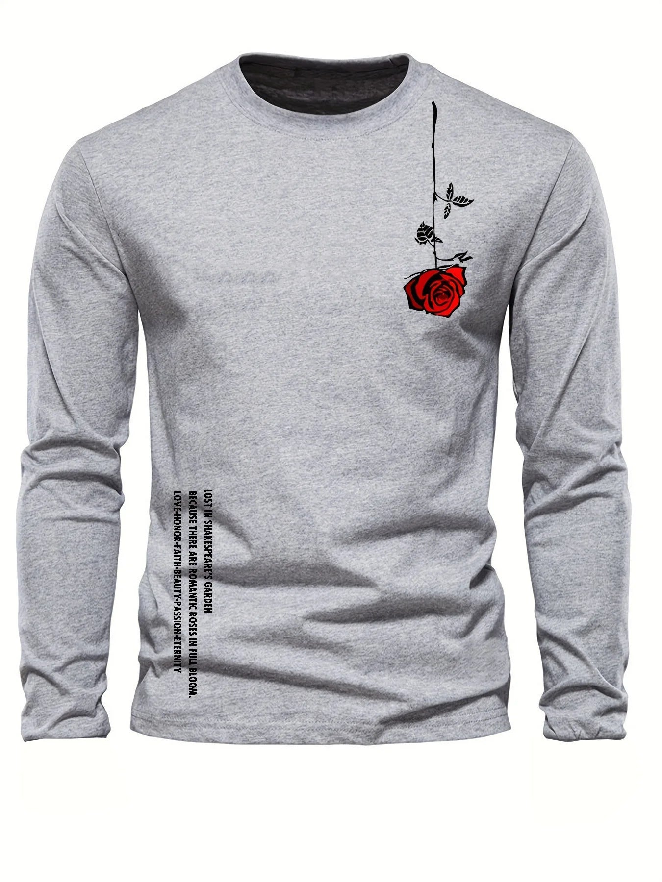 100% pure cotton men's long sleeved round neck loose casual rose letter printed spring and autumn versatile T-shirt top by All Mart Bristol Ltd