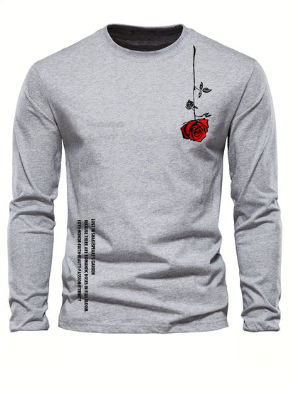 100% pure cotton men's long sleeved round neck loose casual rose letter printed spring and autumn versatile T-shirt top by All Mart Bristol Ltd