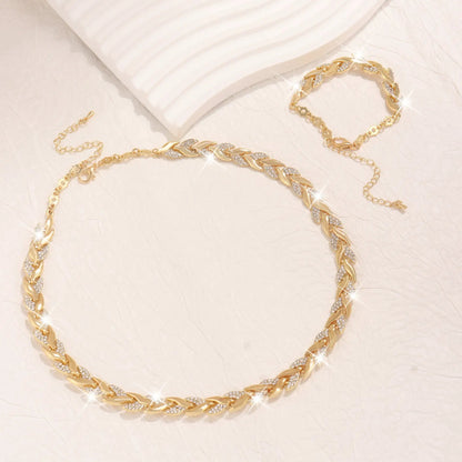 2PCS Glass Leaf Necklace Set Elegant Rhinestone Chain Necklace Bracelet For Women Fashion Luxury Jewelry Set by Dropshipman