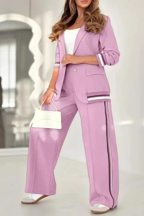 2 Pcs Set Women Suit Coat Pants Suit Lapel Long Sleeves Lady Jacket Wide Leg High Waist Trousers Female Commuting Office Outfit by Dropshipman