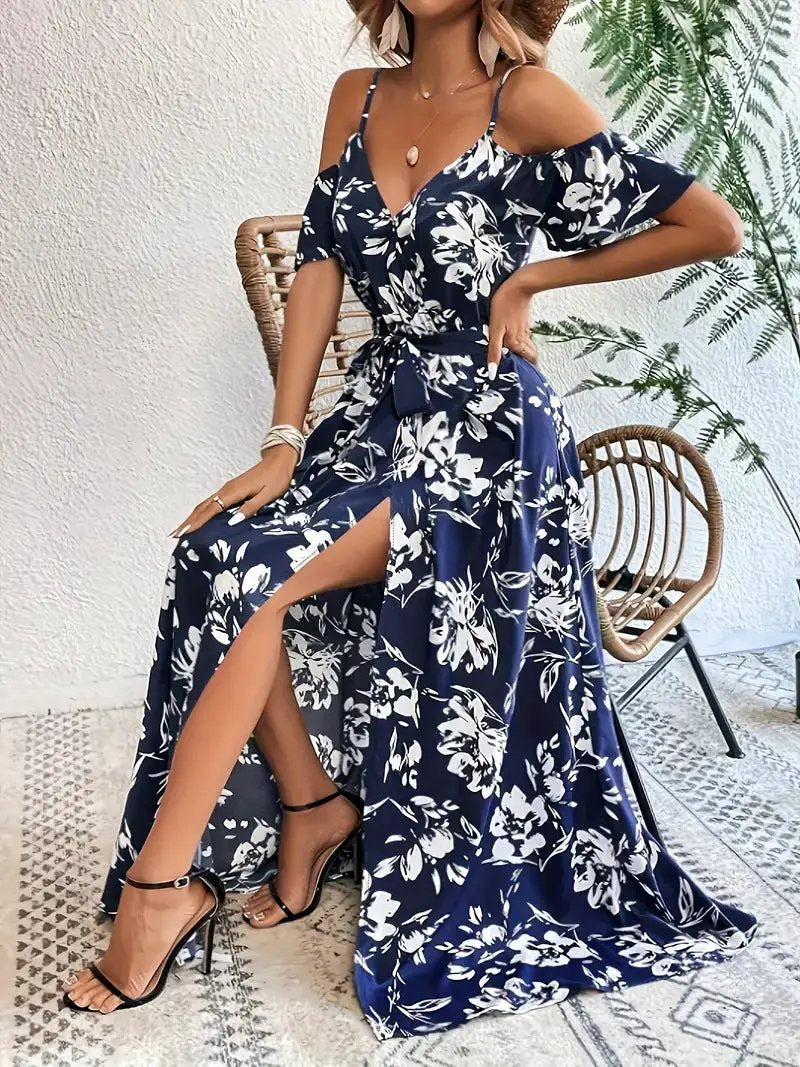 Ins Off-Shoulder Split Dress Summer Floral Print Suspender Long Dresses With Belt Design Women's Beach Clothing by Dropshipman