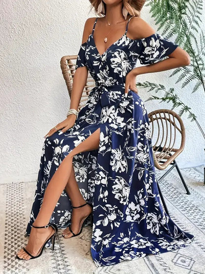 Ins Off-Shoulder Split Dress Summer Floral Print Suspender Long Dresses With Belt Design Women's Beach Clothing by Dropshipman