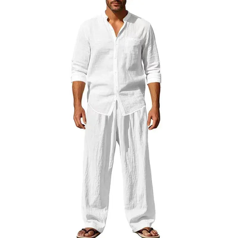 2026 Four Seasons Linen Men's Casual Loose Breathable Long Sleeve Pants Shirt Set by All Mart Bristol Ltd