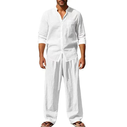 2026 Four Seasons Linen Men's Casual Loose Breathable Long Sleeve Pants Shirt Set by All Mart Bristol Ltd
