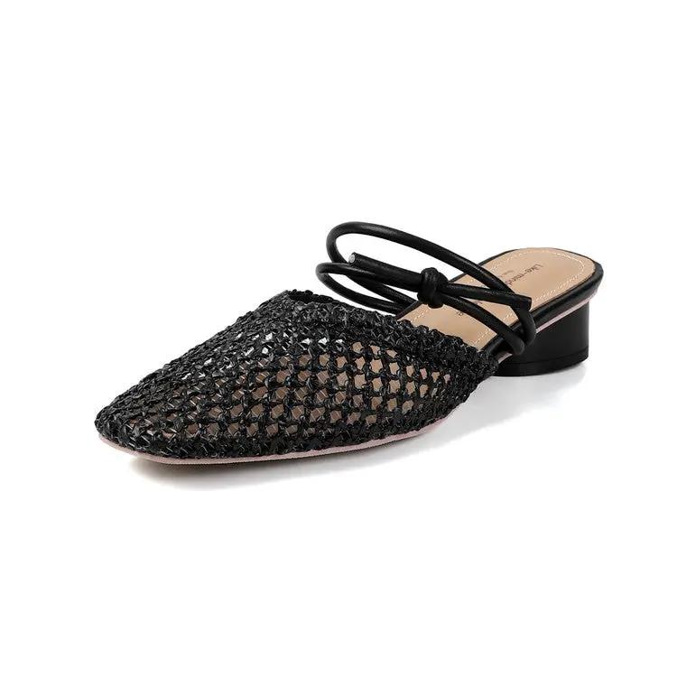 Women's French Style Square Toe Outdoor Hollow-out Breathable Retro Thick Heel Toe Box Half Slippers by Dropshipman