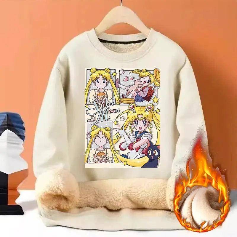 Sailor Moon Woman Thick Sweatshirt Lamb Wool Round Neck Hoodid Girl Cute Long Sleeves Fashion Sportswear Winter Warm Cartoon Top by All Mart Bristol Ltd