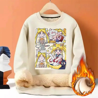 Sailor Moon Woman Thick Sweatshirt Lamb Wool Round Neck Hoodid Girl Cute Long Sleeves Fashion Sportswear Winter Warm Cartoon Top by All Mart Bristol Ltd
