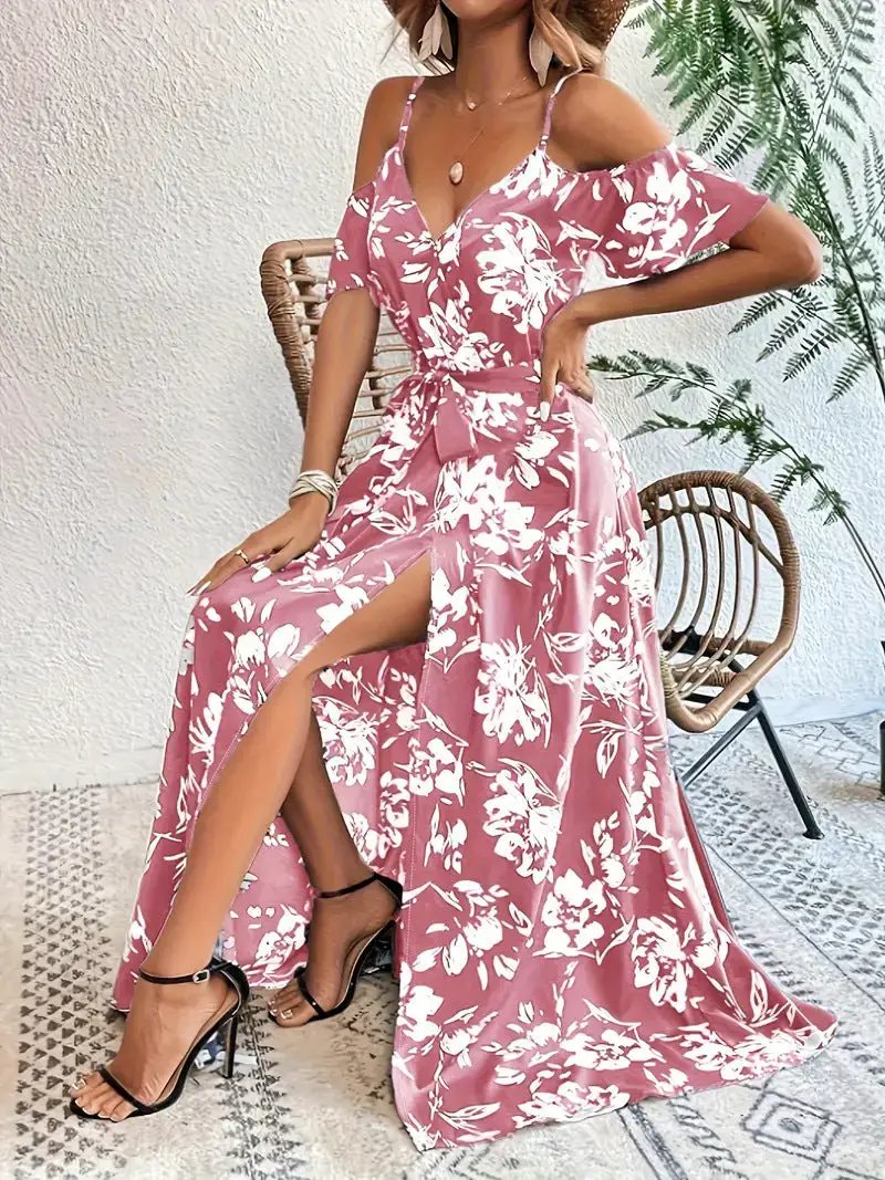 Ins Off-Shoulder Split Dress Summer Floral Print Suspender Long Dresses With Belt Design Women's Beach Clothing by Dropshipman