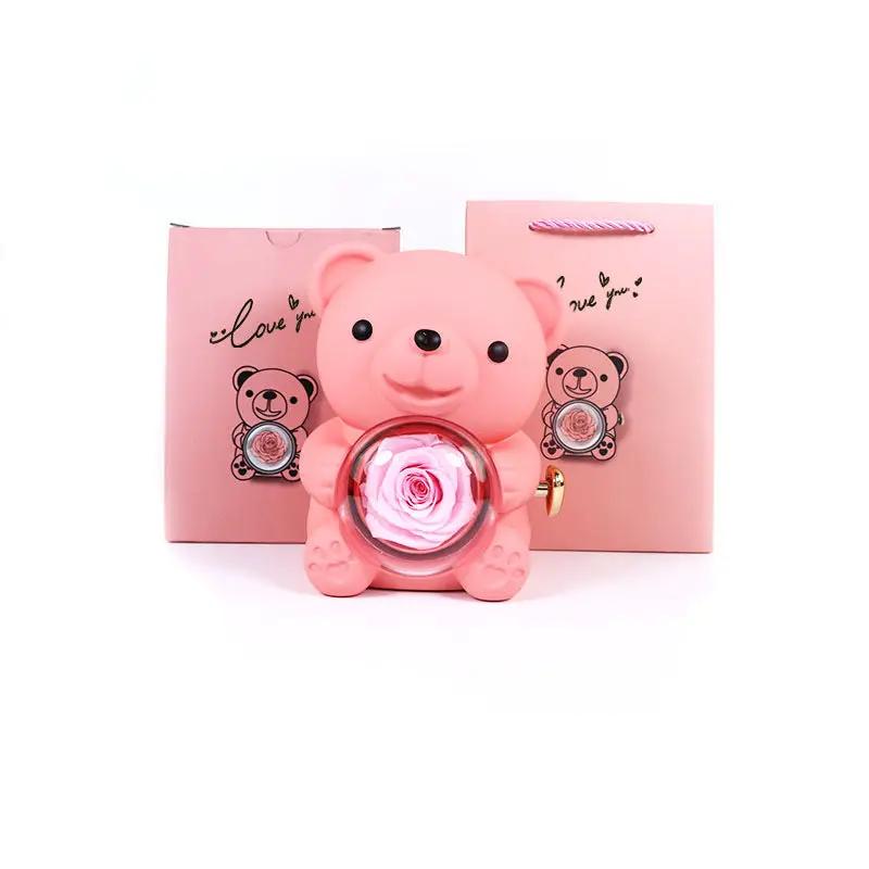 Rotating Bear Gift Box Eternal Rose Teddy Bear Jewelry Box With Necklace Valentine Wedding Special Present For Girlfriend Anniversary Gift Jewelry Box by Dropshipman