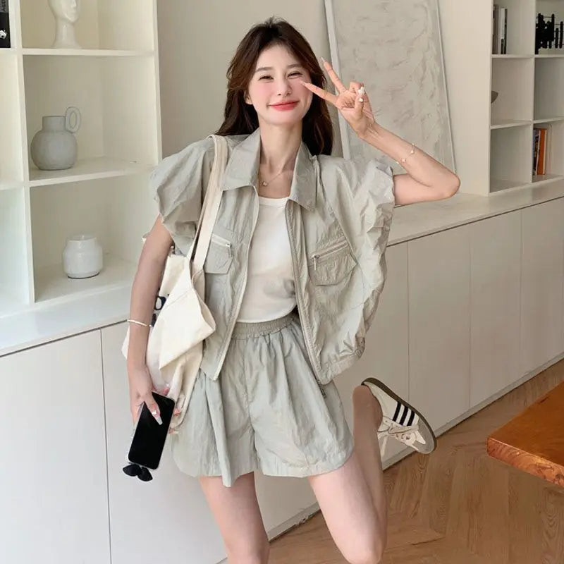 Women's Suit Fashion Two Piece Set Shirt Shorts Cotton Petite Women Summer Sweet Cool Youthful Fashionable Trendy High End by All Mart Bristol Ltd