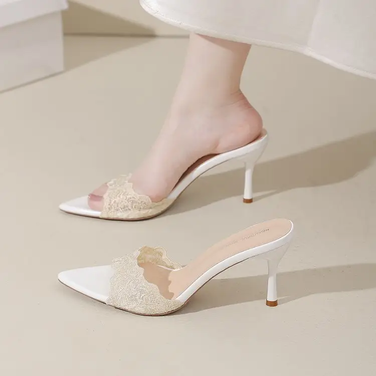 2026 Summer New French Lace Pointed Toe Slides Gentle Style Stiletto Outdoor Women Sandals by Dropshipman